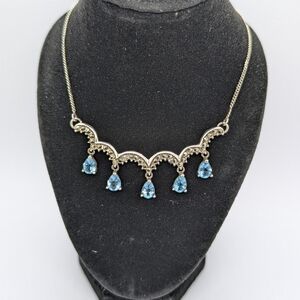 Silver Necklace with Blue Topaz Tear Drop Stones And Marcasite